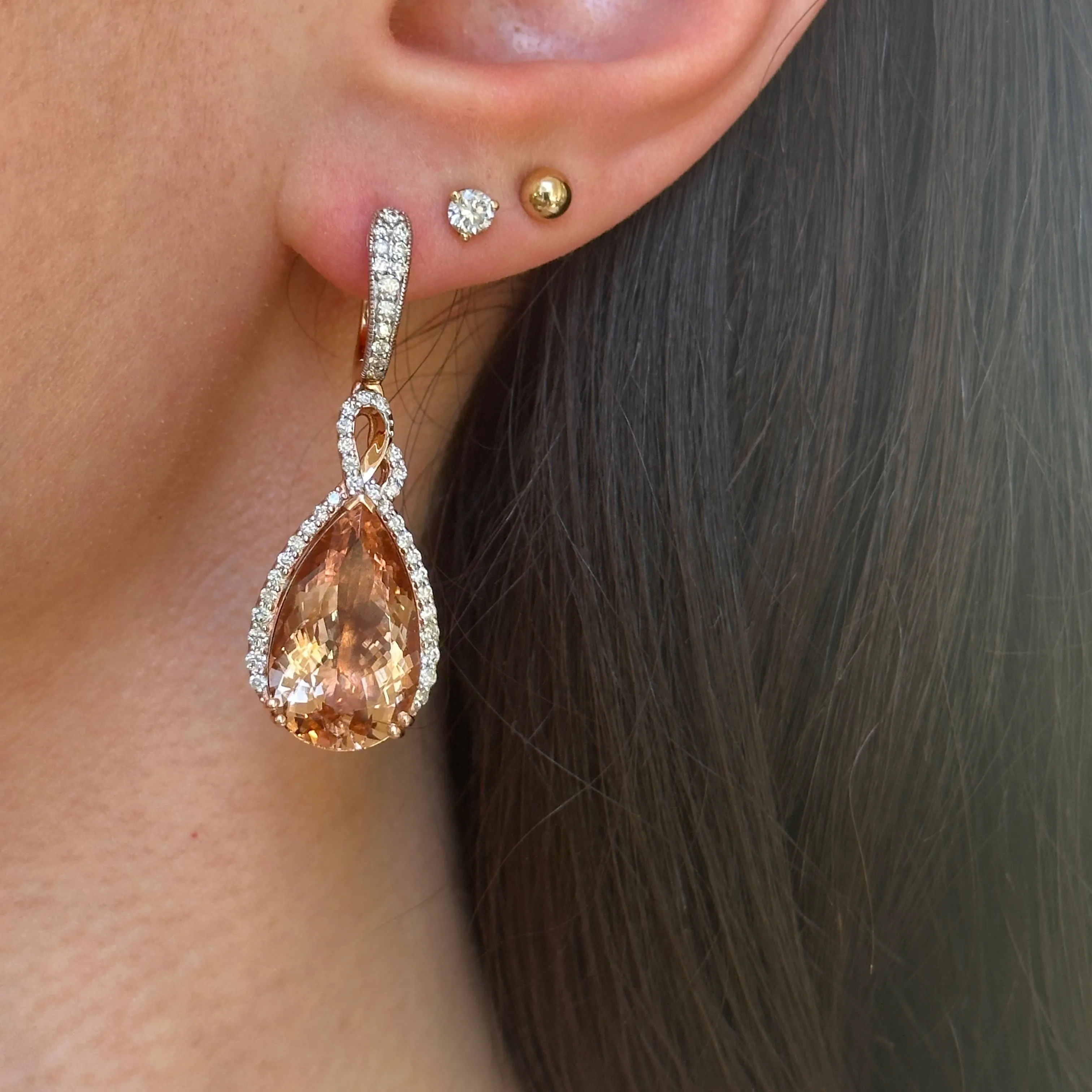 Estate 14KT White Gold Pear Peach Morganite   Diamond Hoop Earrings