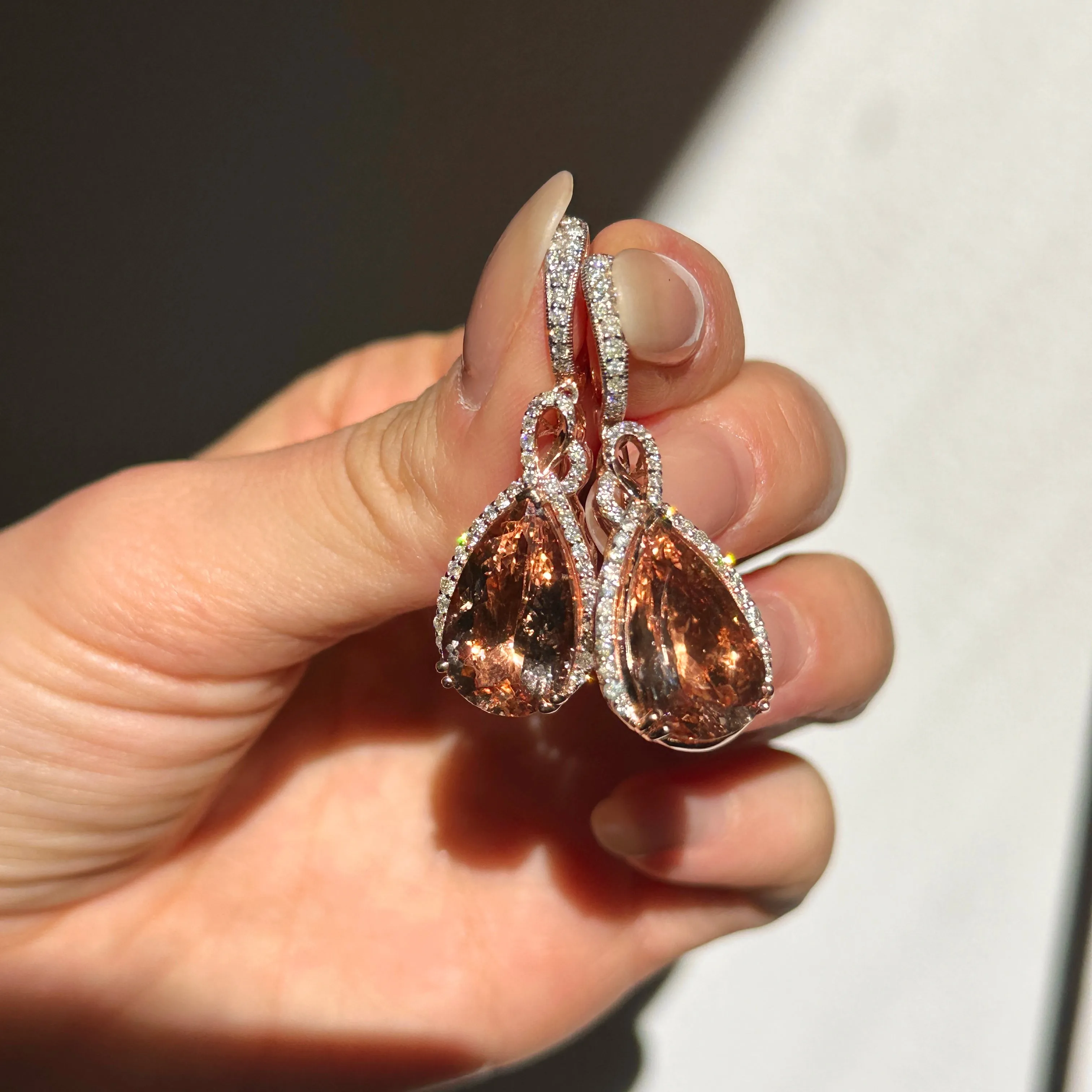 Estate 14KT White Gold Pear Peach Morganite   Diamond Hoop Earrings