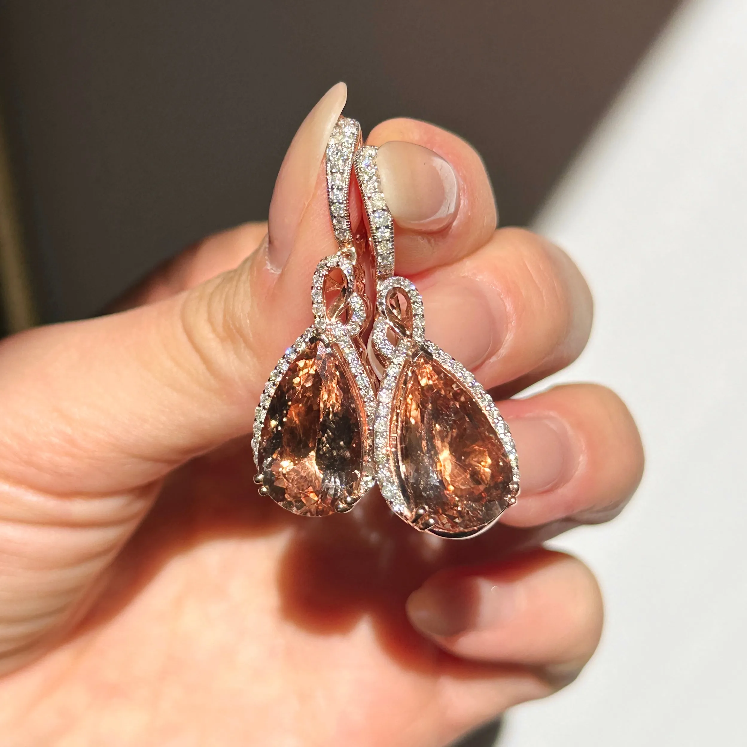 Estate 14KT White Gold Pear Peach Morganite   Diamond Hoop Earrings