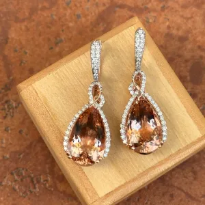 Estate 14KT White Gold Pear Peach Morganite   Diamond Hoop Earrings