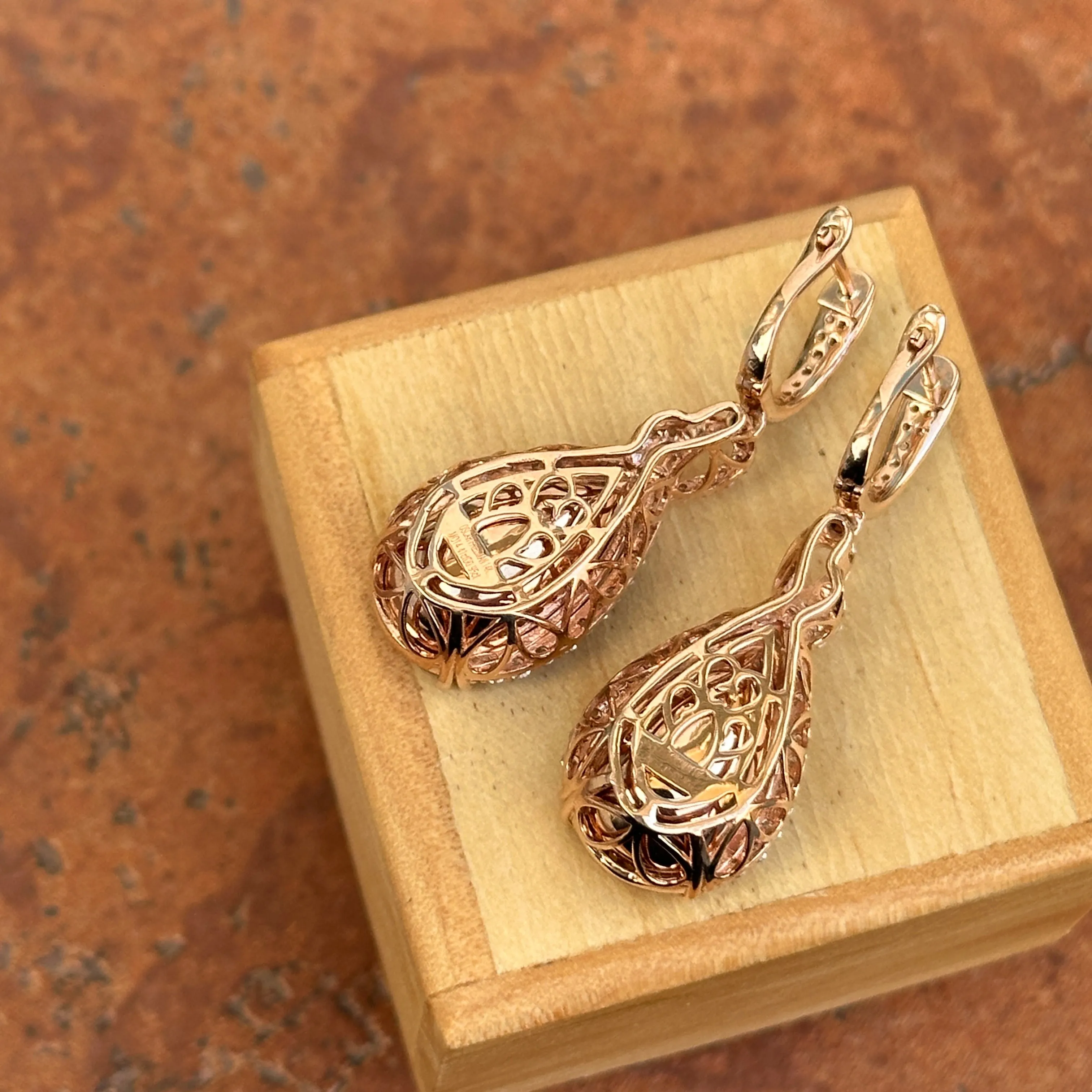 Estate 14KT White Gold Pear Peach Morganite   Diamond Hoop Earrings