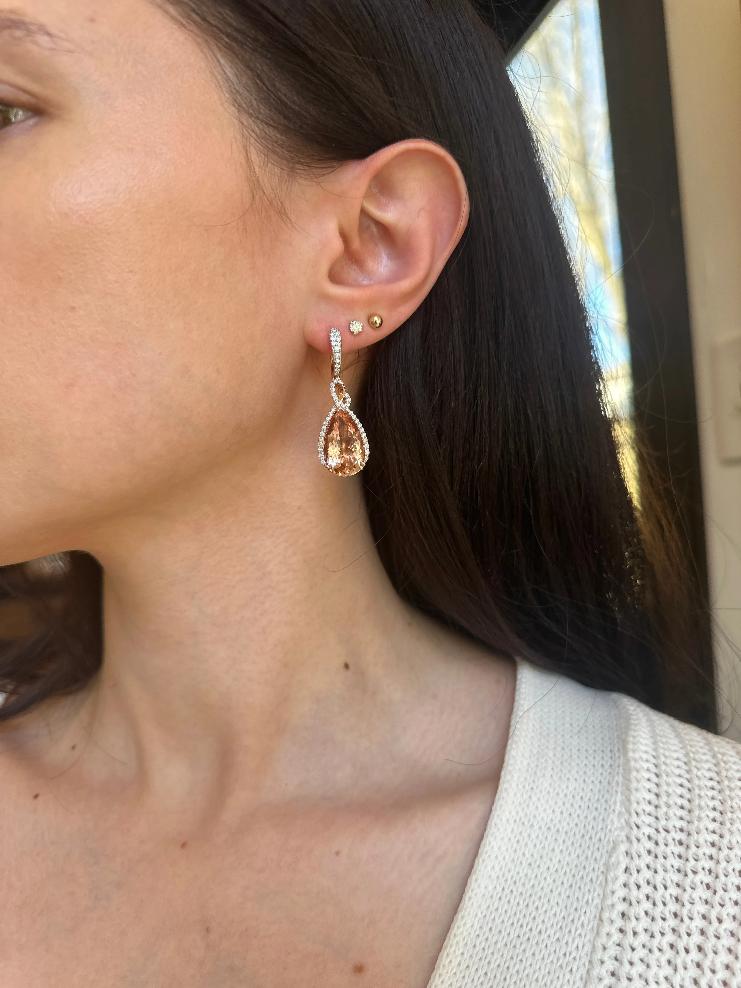 Estate 14KT White Gold Pear Peach Morganite   Diamond Hoop Earrings