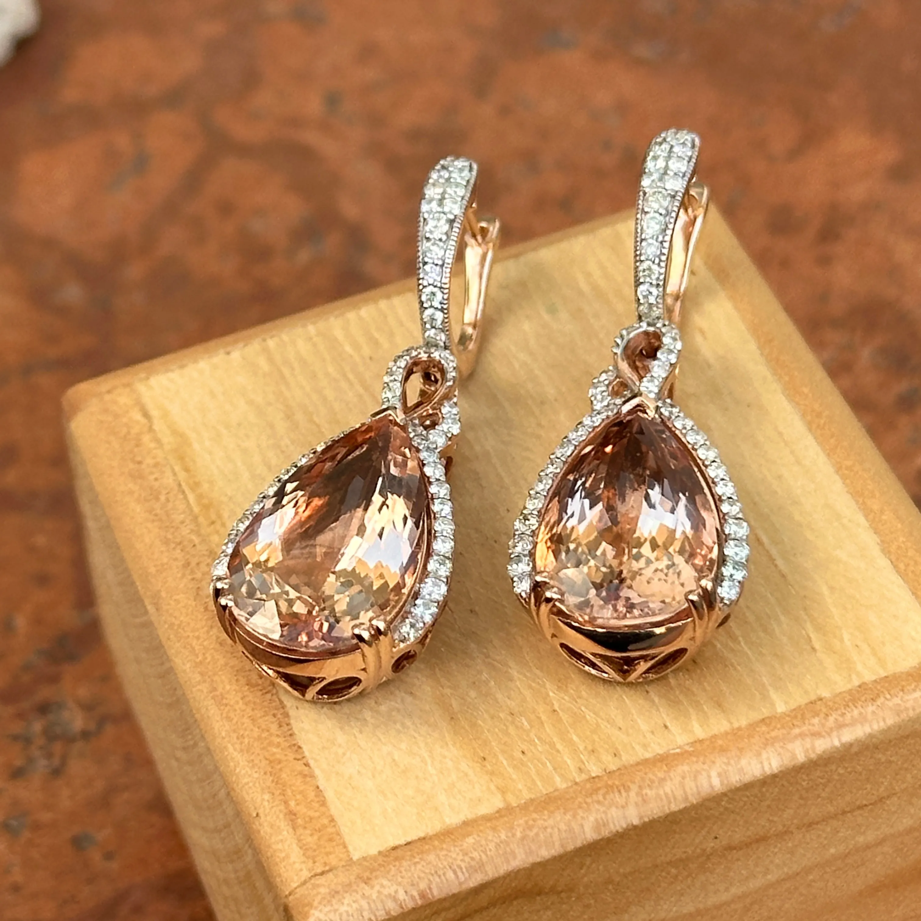 Estate 14KT White Gold Pear Peach Morganite   Diamond Hoop Earrings
