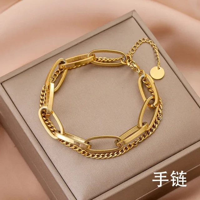 Fashion Link Chain Stainless Steel Bangle Bracelet for Women Exquisite Gold Metal Bracelet Jewelry Girl