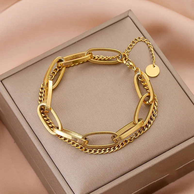 Fashion Link Chain Stainless Steel Bangle Bracelet for Women Exquisite Gold Metal Bracelet Jewelry Girl