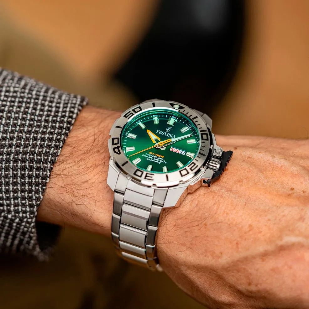 Festina Gents Green Dial Stainless Steel Watch