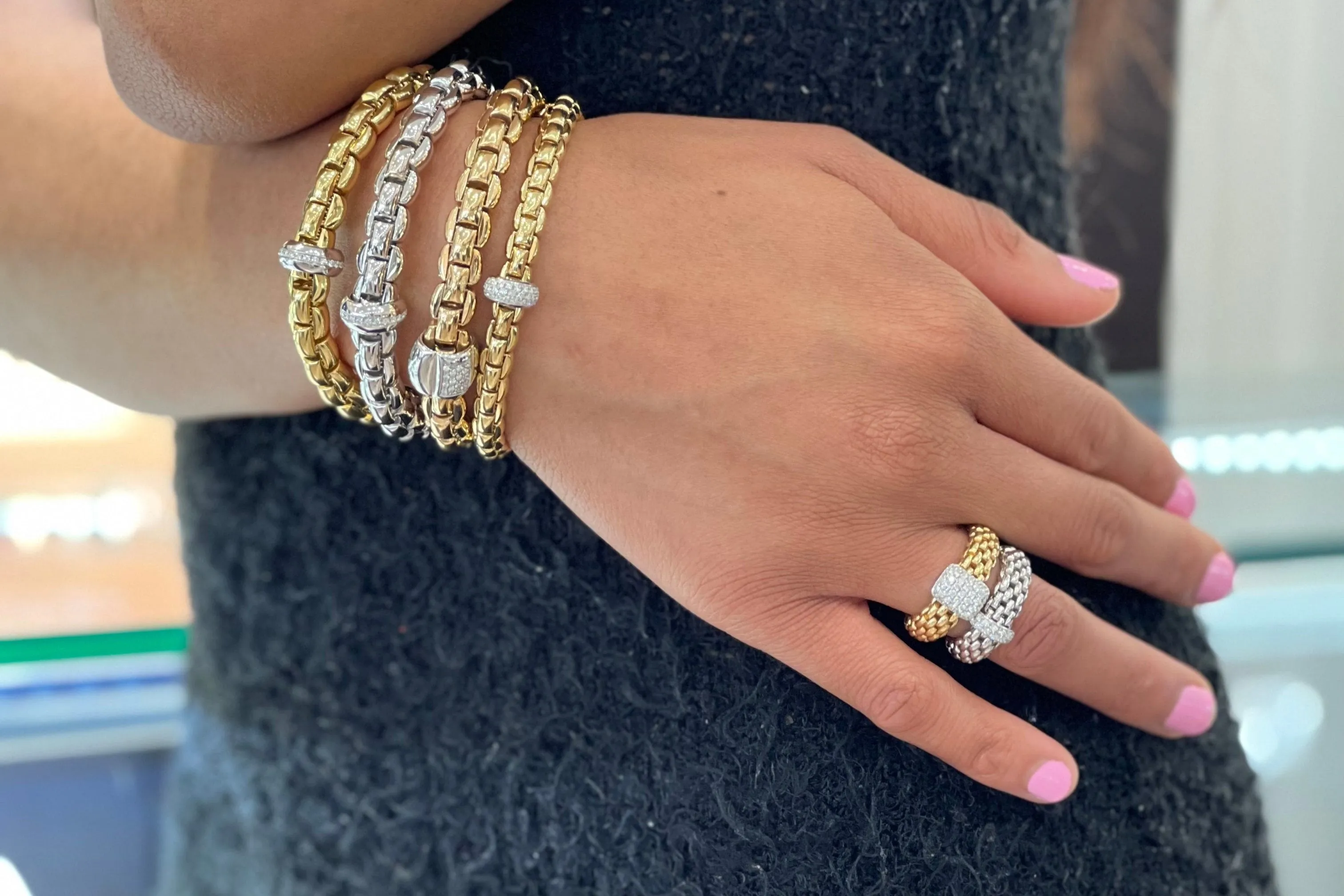 FOPE 'EKA' Gold Pave Diamond Rondel Stretchy Bracelet (707B)