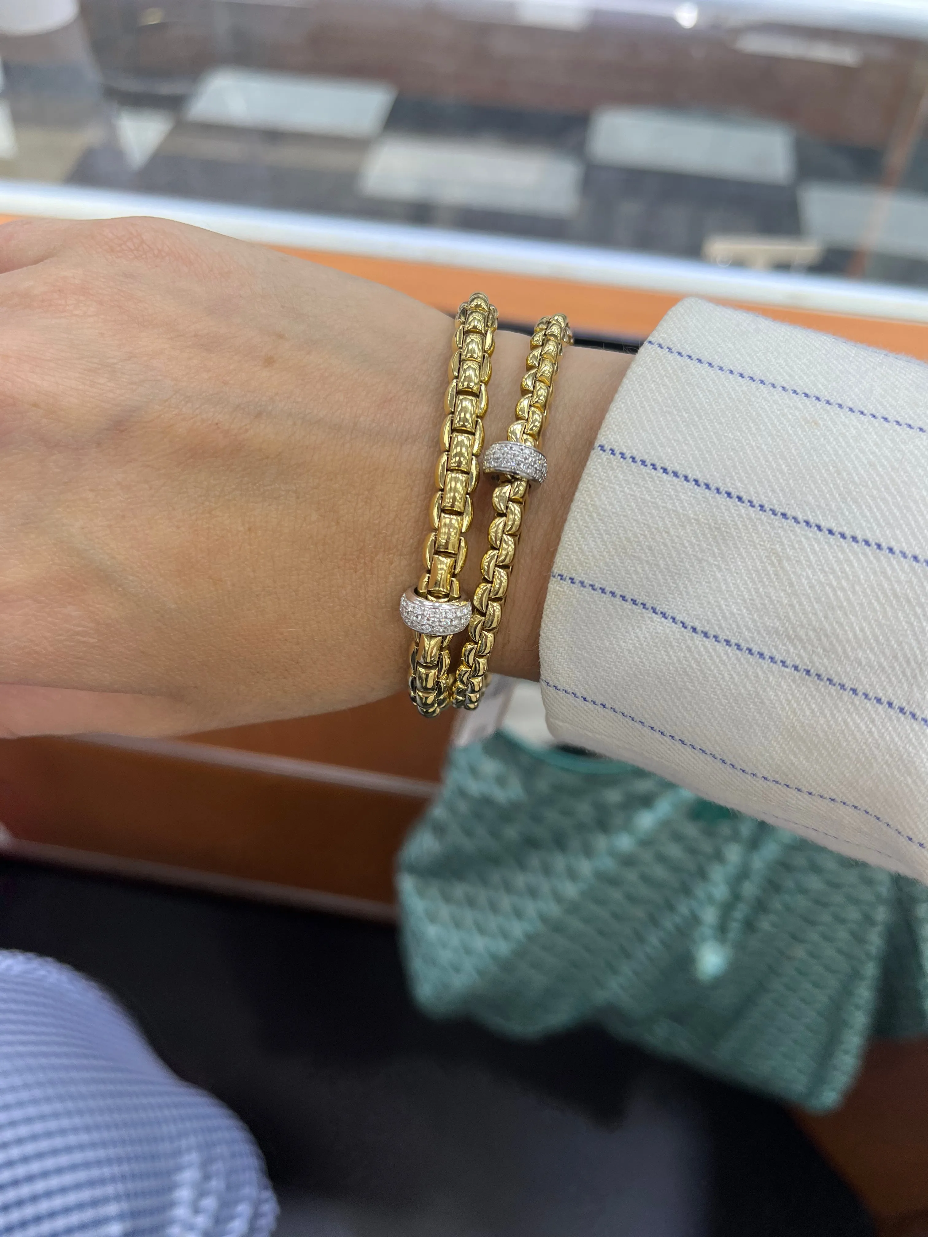 FOPE 'EKA' Gold Pave Diamond Rondel Stretchy Bracelet (707B)