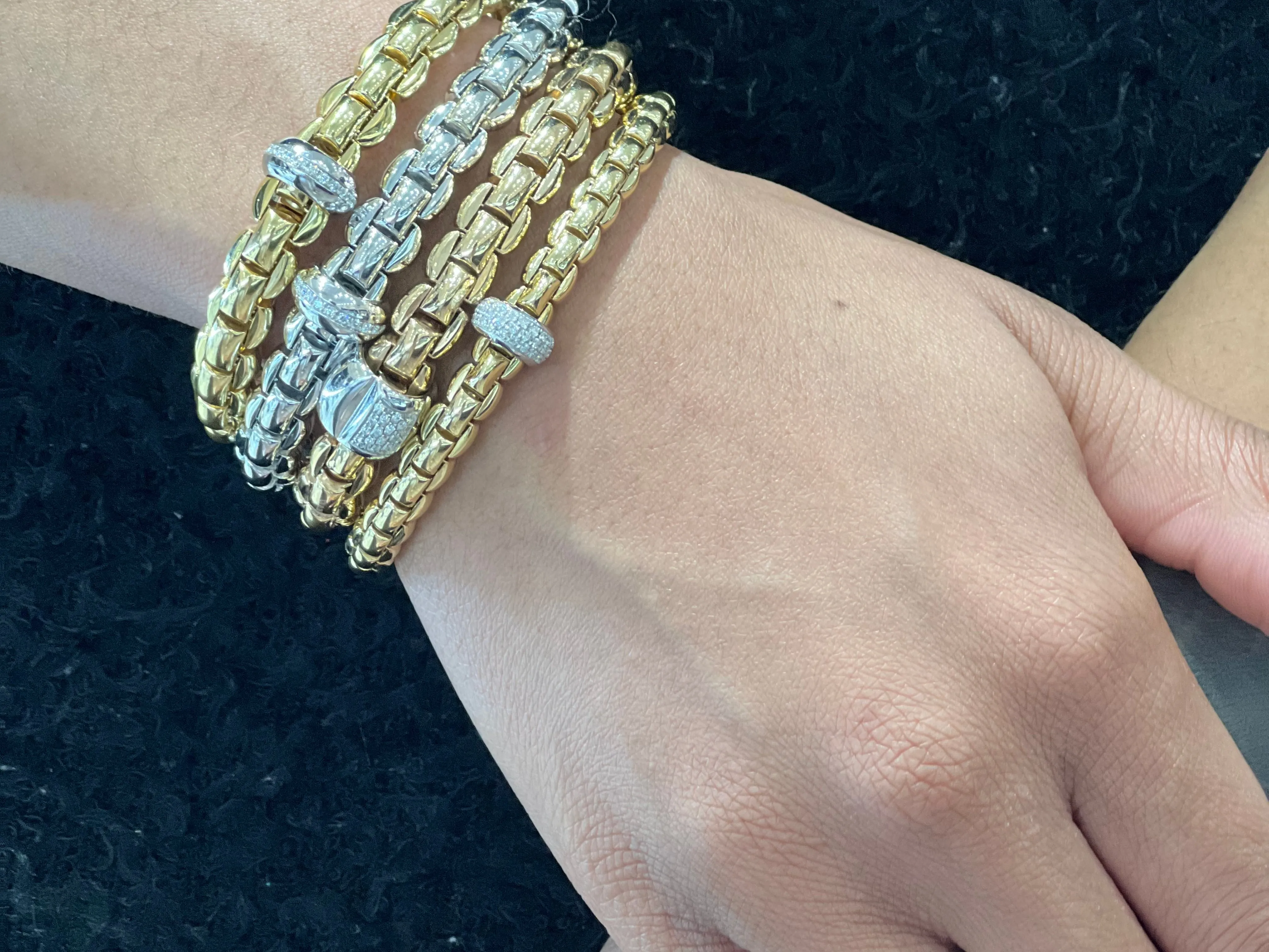 FOPE 'EKA' Gold Pave Diamond Rondel Stretchy Bracelet (707B)