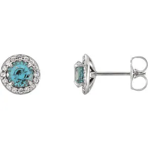 Genuine Aquamarine 4 mm Round Aquamarine & 1/6 CTW Diamond Earrings