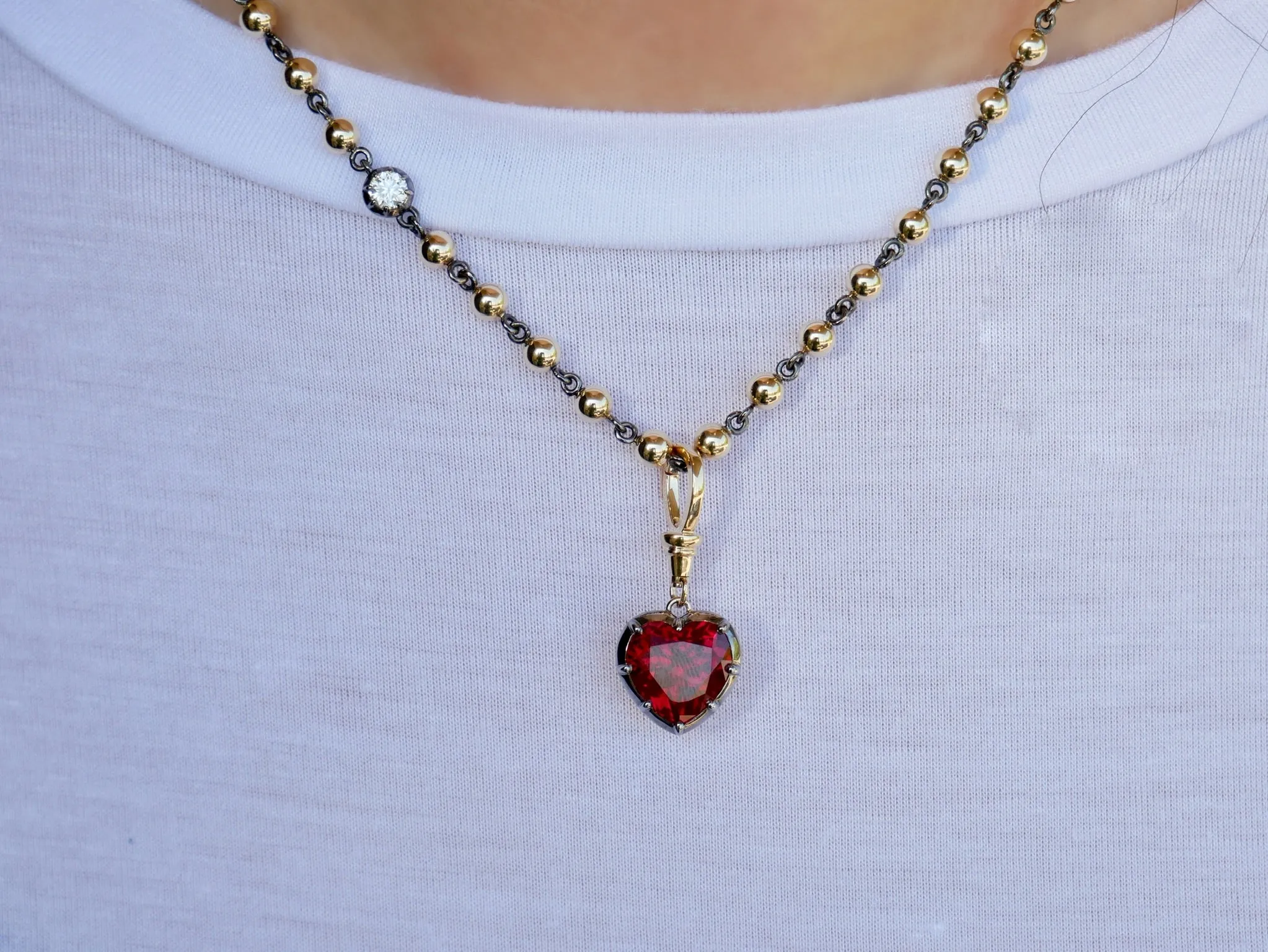 Georgian Victorian Ball Chain 5 Ct Heart Ruby Pendant in 18K Yellow Gold