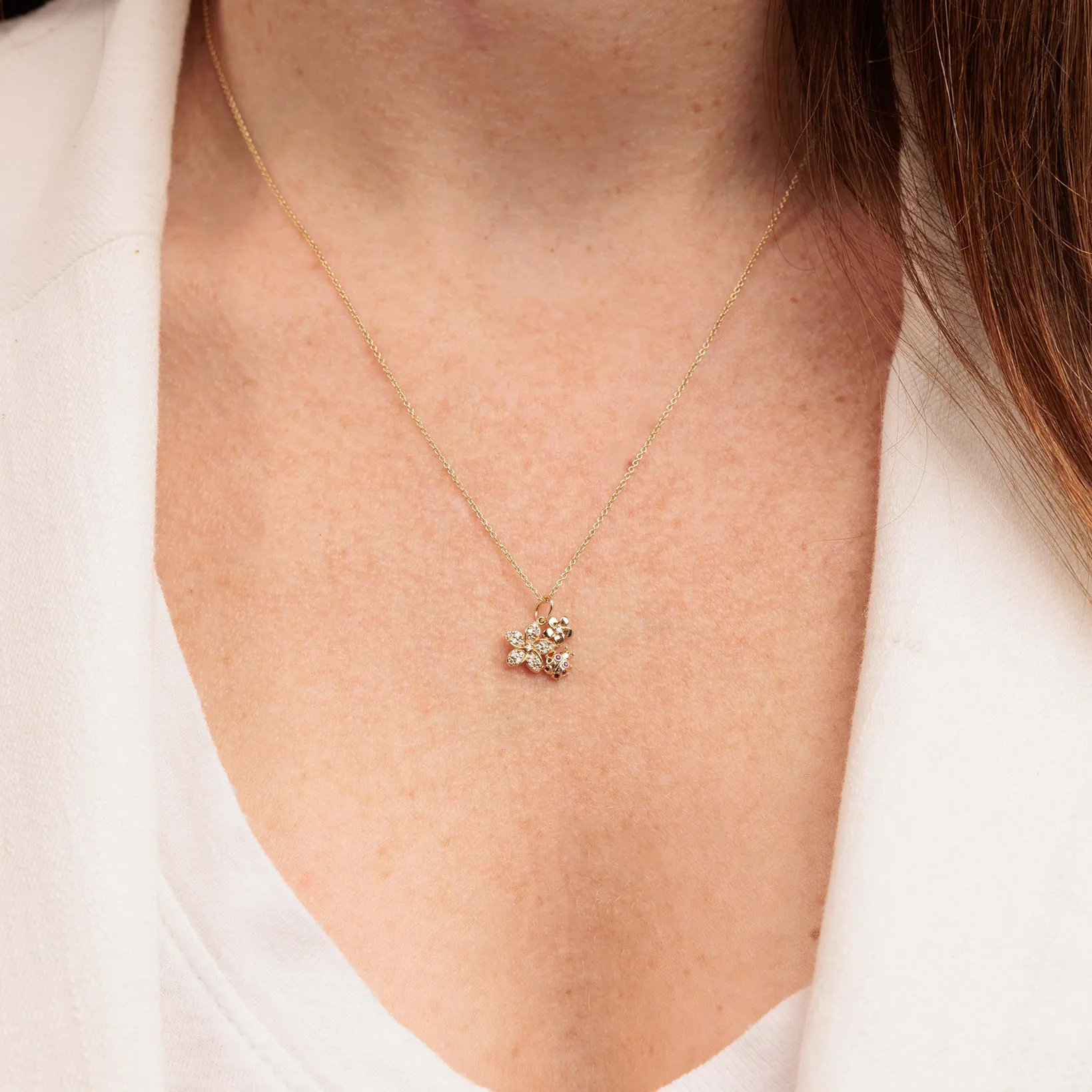 Gold & Diamond Plumeria Ladybug Cluster Charm