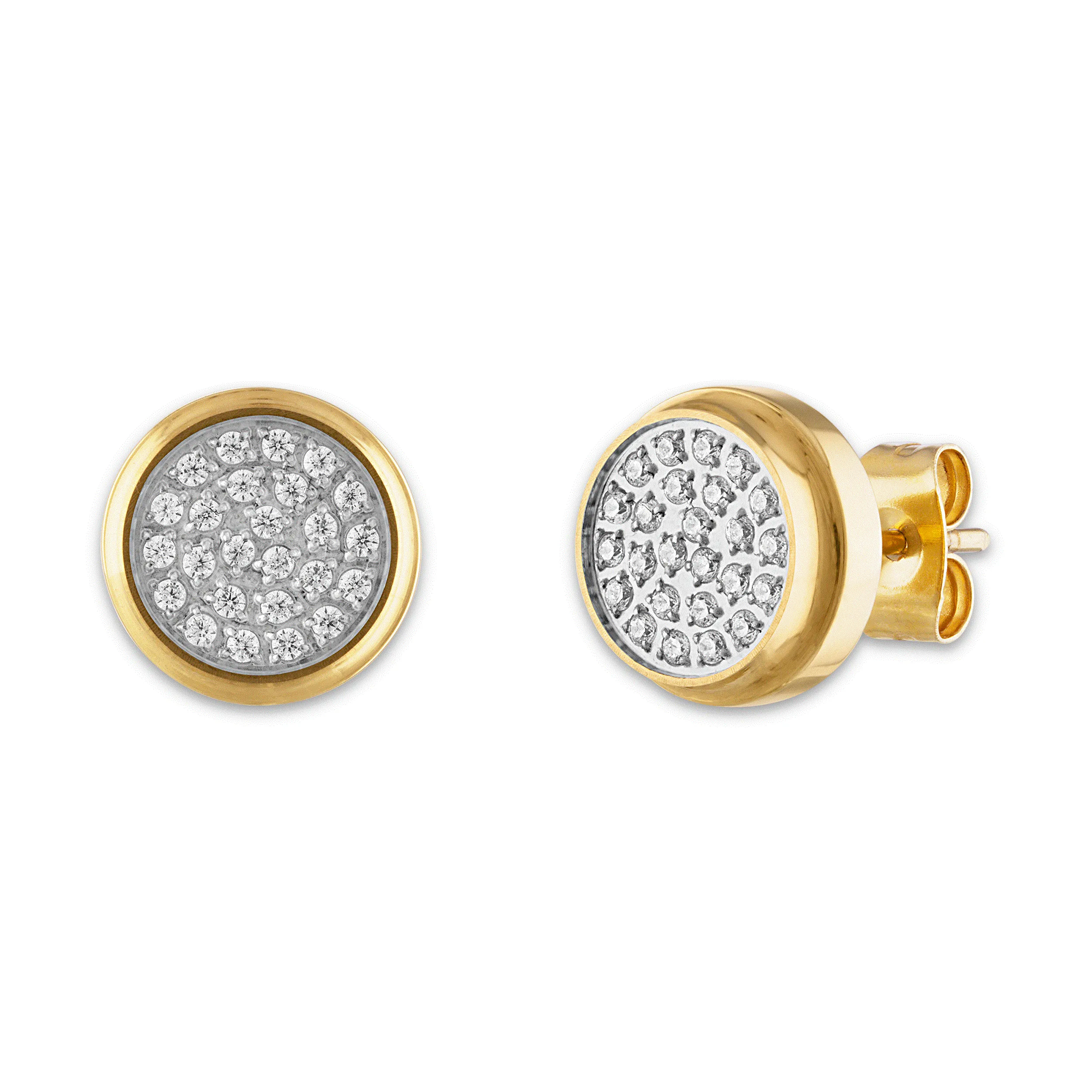 Gold Ion Plated Stainless Steel Circle Shaped Earrings with Diamond and Friction Back