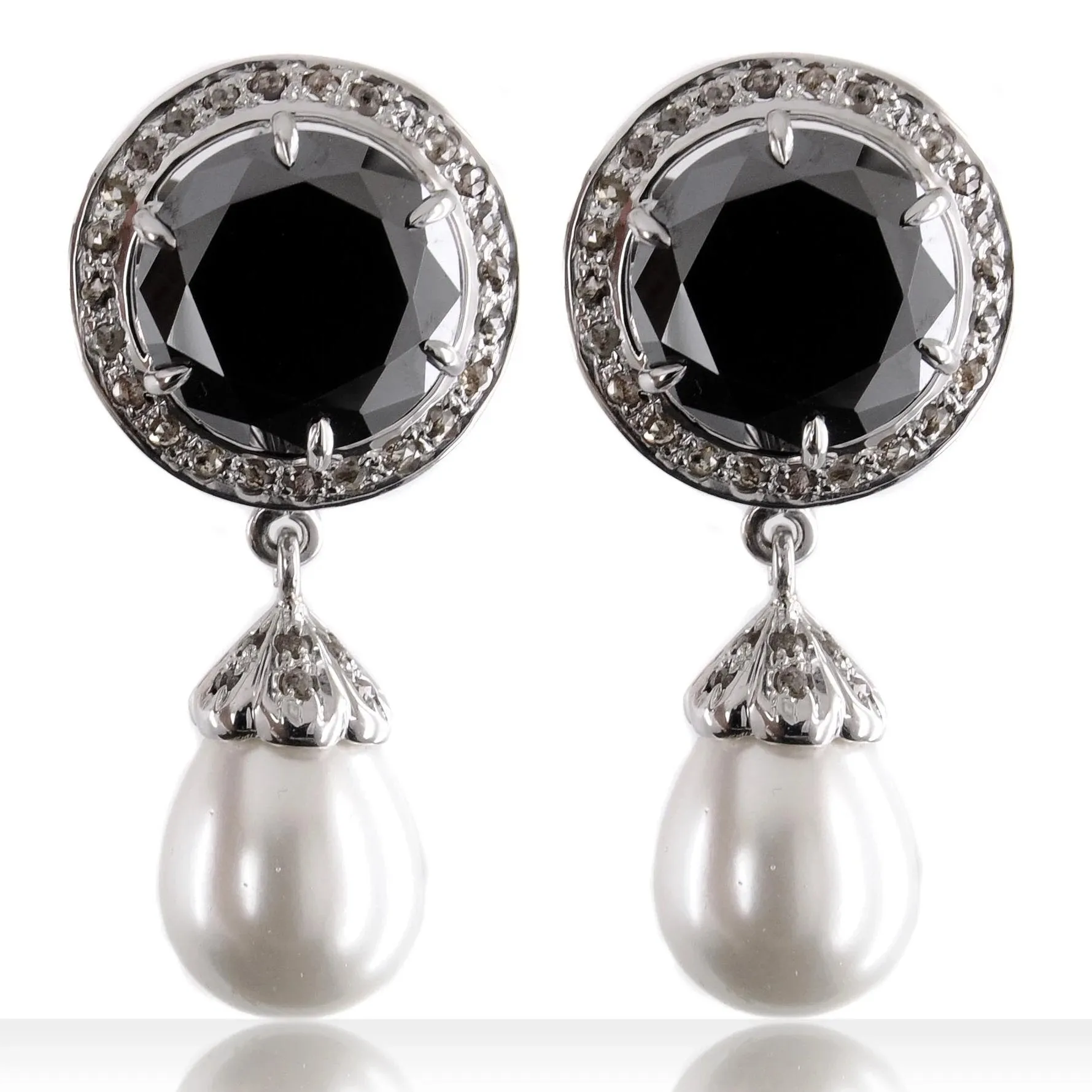 Gorgeous 4 Ct Black Diamonds Solitaire Earrings with Pearl and Diamond Accents, Stunning Collection with Great Sparkle! Gift for Anniversary, Birthday