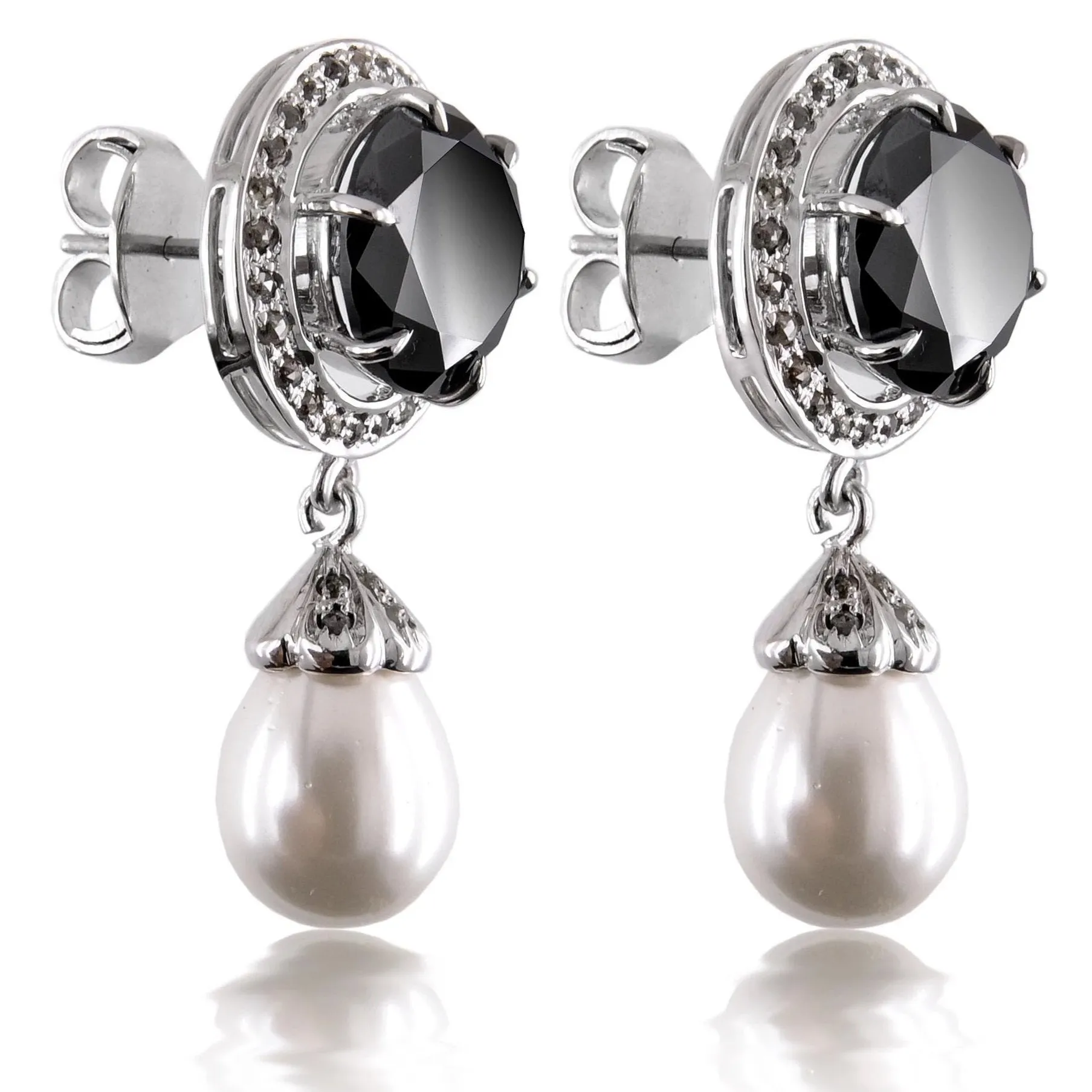 Gorgeous 4 Ct Black Diamonds Solitaire Earrings with Pearl and Diamond Accents, Stunning Collection with Great Sparkle! Gift for Anniversary, Birthday