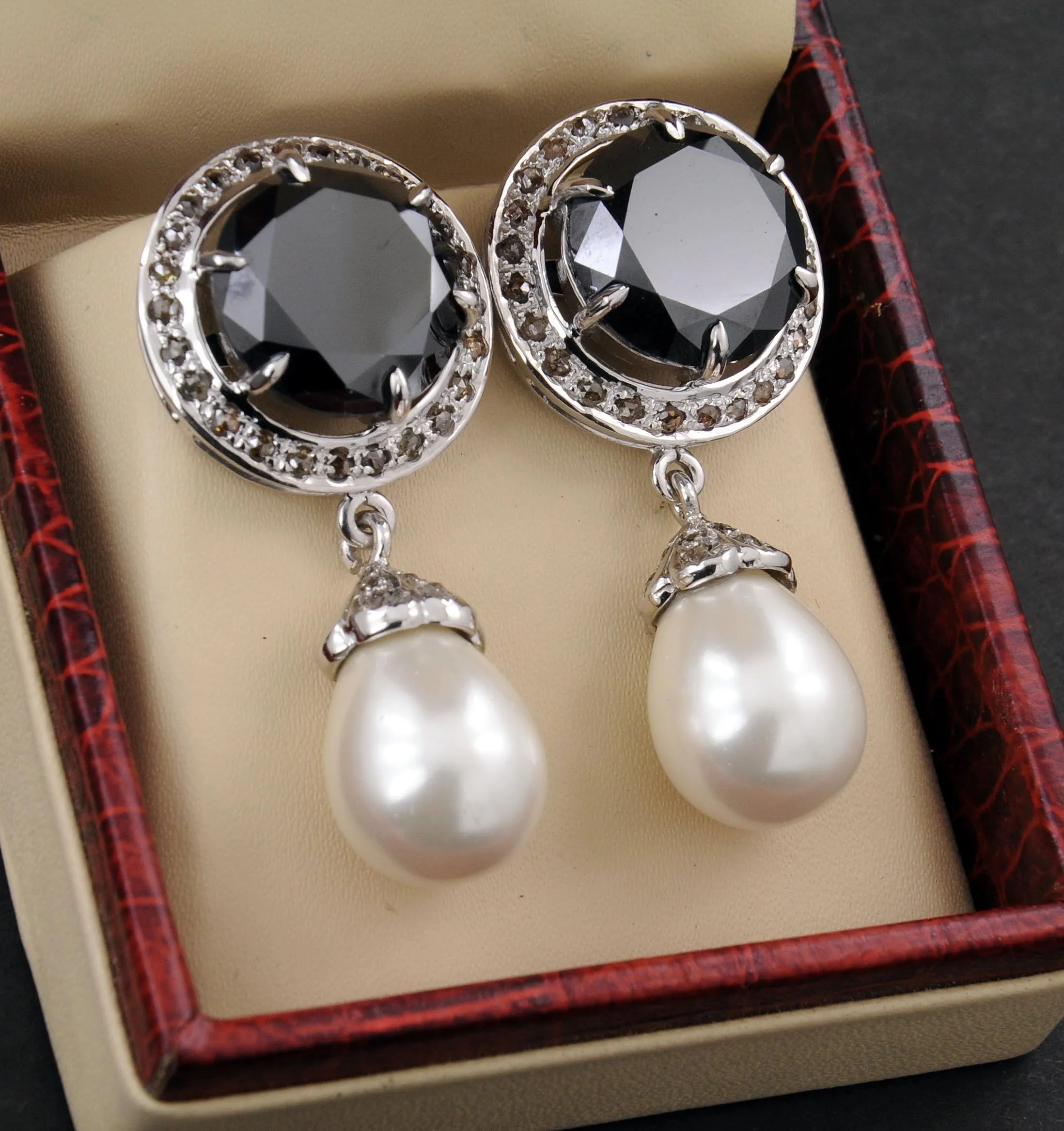 Gorgeous 4 Ct Black Diamonds Solitaire Earrings with Pearl and Diamond Accents, Stunning Collection with Great Sparkle! Gift for Anniversary, Birthday
