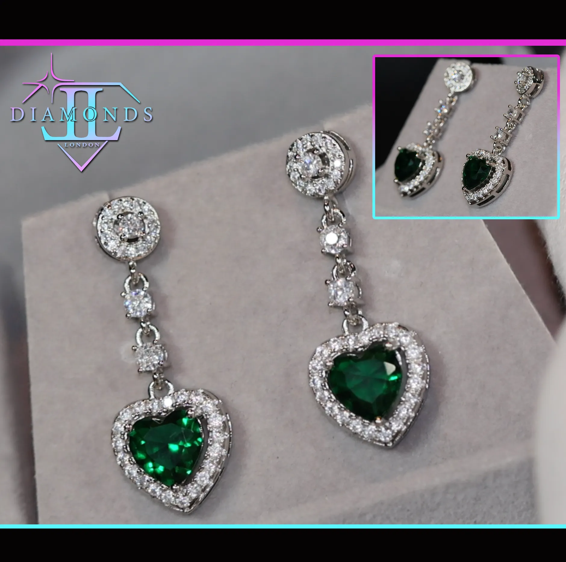 Green Diamond Earrings | Green Diamond Heart Earrings | Emerald Diamond Earrings | Heart Earrings | Womens Diamond Heart Earrings