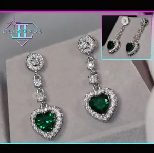 Green Diamond Earrings | Green Diamond Heart Earrings | Emerald Diamond Earrings | Heart Earrings | Womens Diamond Heart Earrings