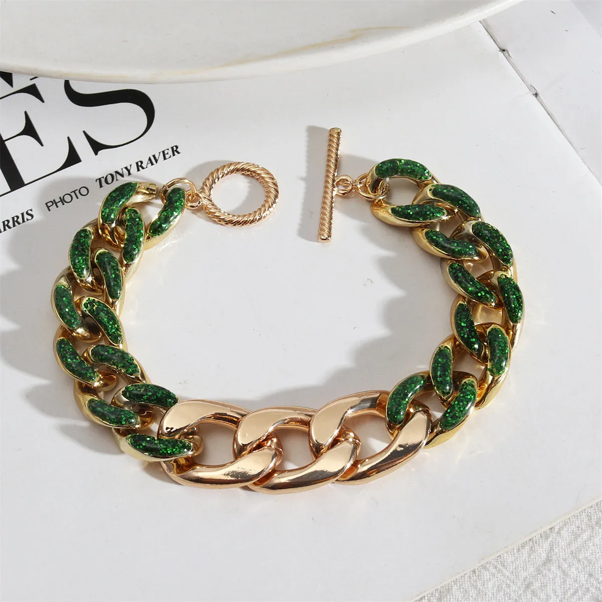 Green Enamel & 18K Gold-Plated Curb Chain Toggle Bracelet