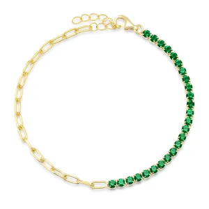 HALF & HALF PAPERCLIP GREEN TENNIS BRACELET, GOLD