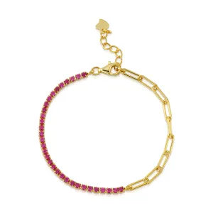 HALF & HALF PAPERCLIP PINK TENNIS BRACELET, GOLD