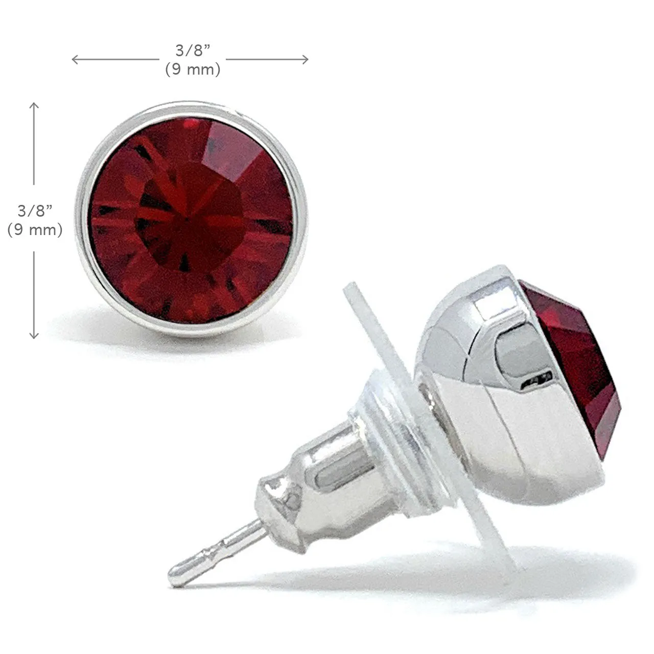 Harley Stud Earrings with Red Siam Round Crystals from Swarovski Silver Toned Rhodium Plated