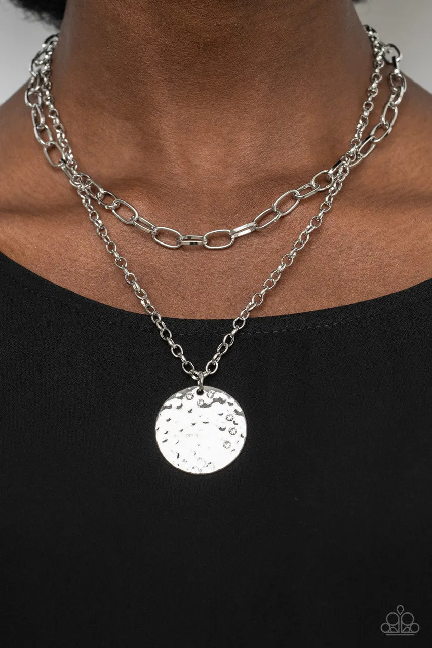 Highlight of My Life - White - Rhinestone Dotted Hammered Disc Tiered Paparazzi Short Necklace