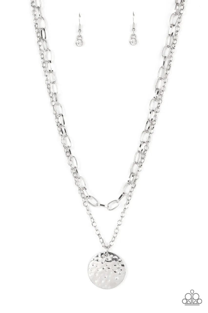 Highlight of My Life - White - Rhinestone Dotted Hammered Disc Tiered Paparazzi Short Necklace