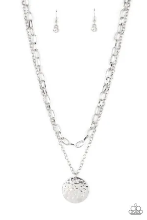Highlight of My Life - White - Rhinestone Dotted Hammered Disc Tiered Paparazzi Short Necklace