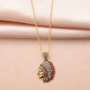 Indian Native Carved Figure Ruby Pendant Necklace