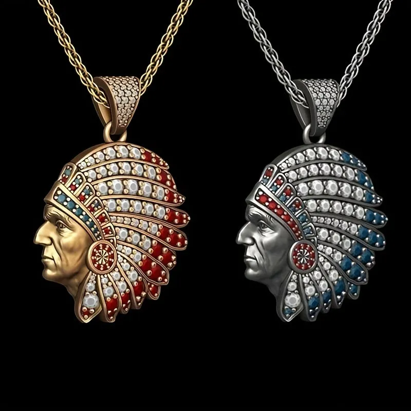 Indian Native Carved Figure Ruby Pendant Necklace