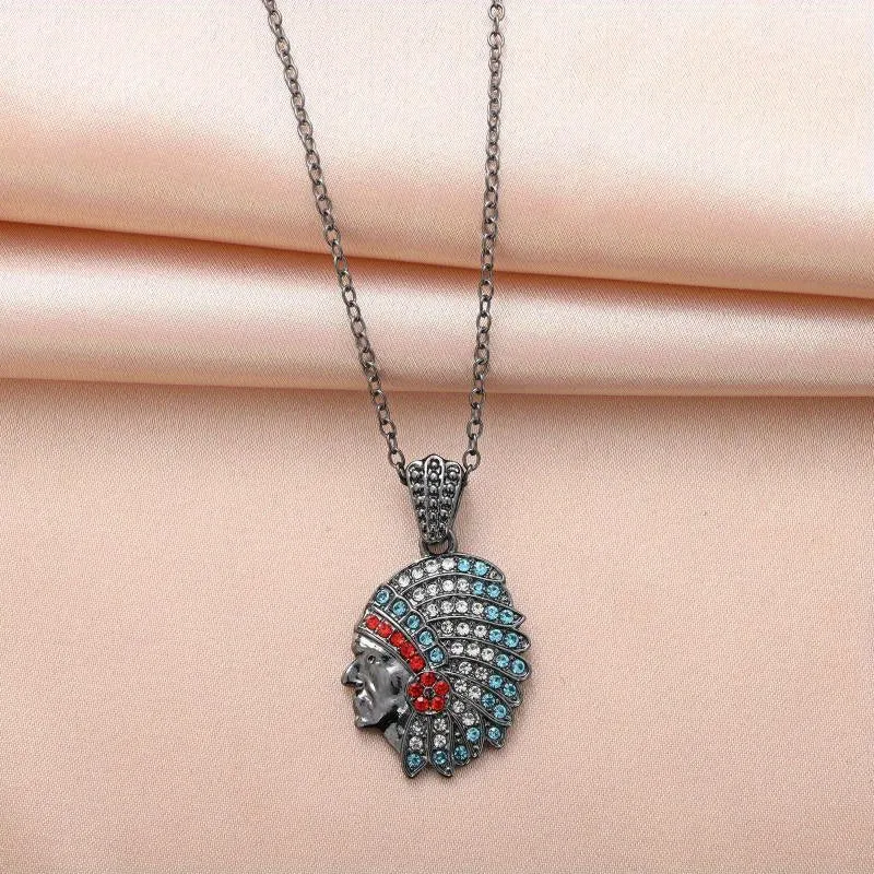 Indian Native Carved Figure Ruby Pendant Necklace
