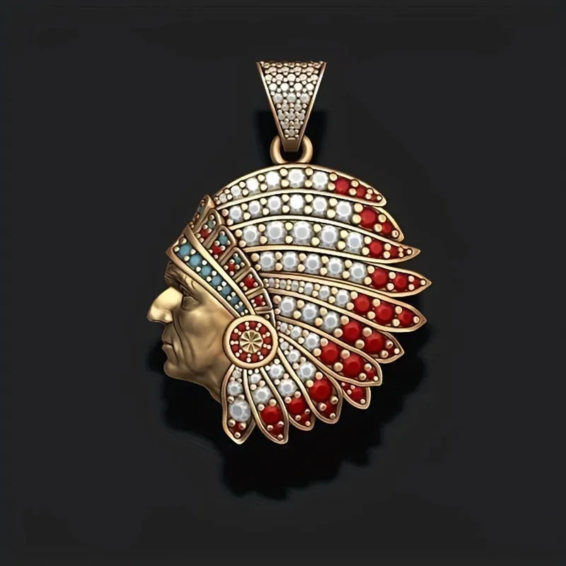Indian Native Carved Figure Ruby Pendant Necklace