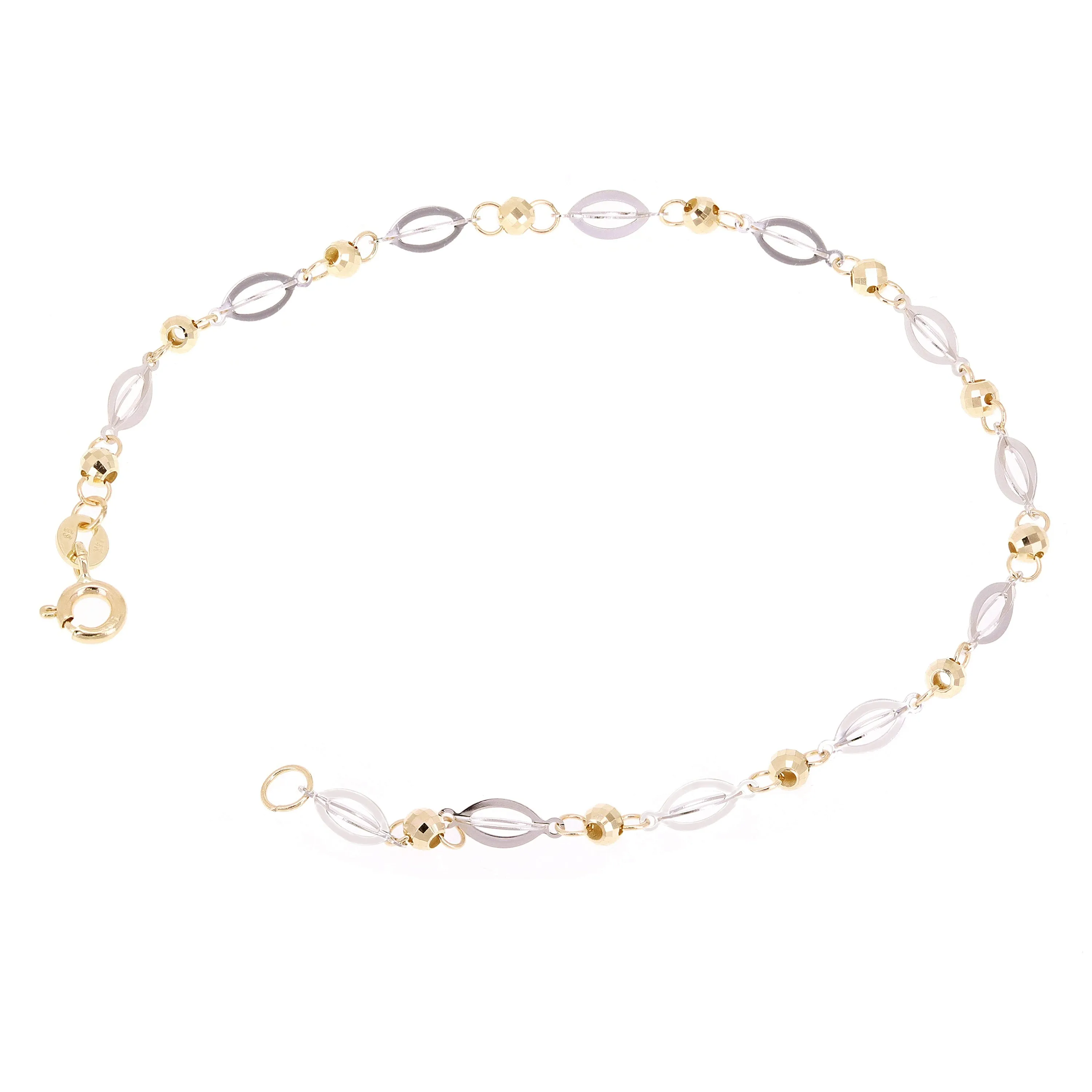 Italian 14k Two Tone Gold Oval & Ball Beads Link Bracelet 7.5" 3.5mm 2 grams