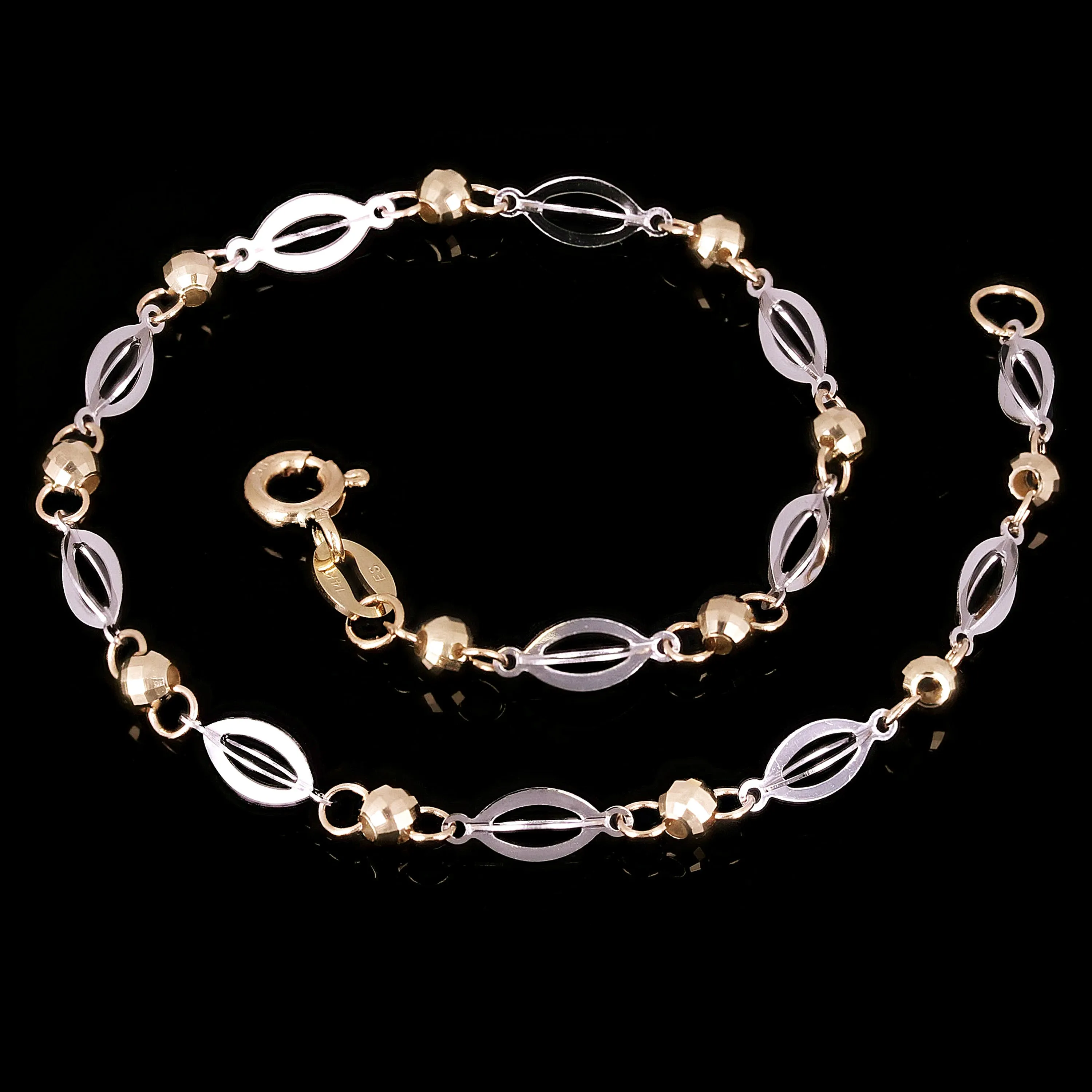 Italian 14k Two Tone Gold Oval & Ball Beads Link Bracelet 7.5" 3.5mm 2 grams