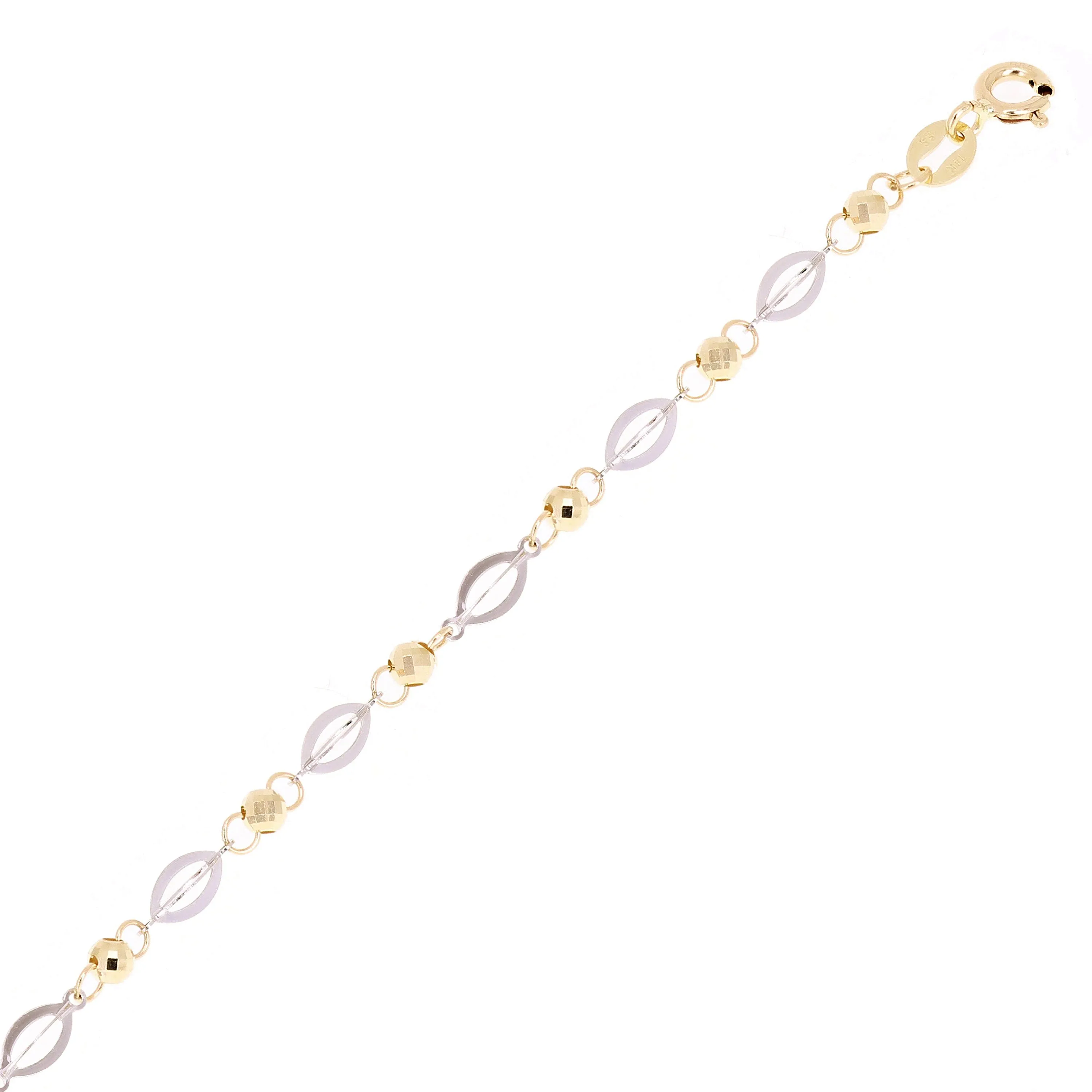 Italian 14k Two Tone Gold Oval & Ball Beads Link Bracelet 7.5" 3.5mm 2 grams