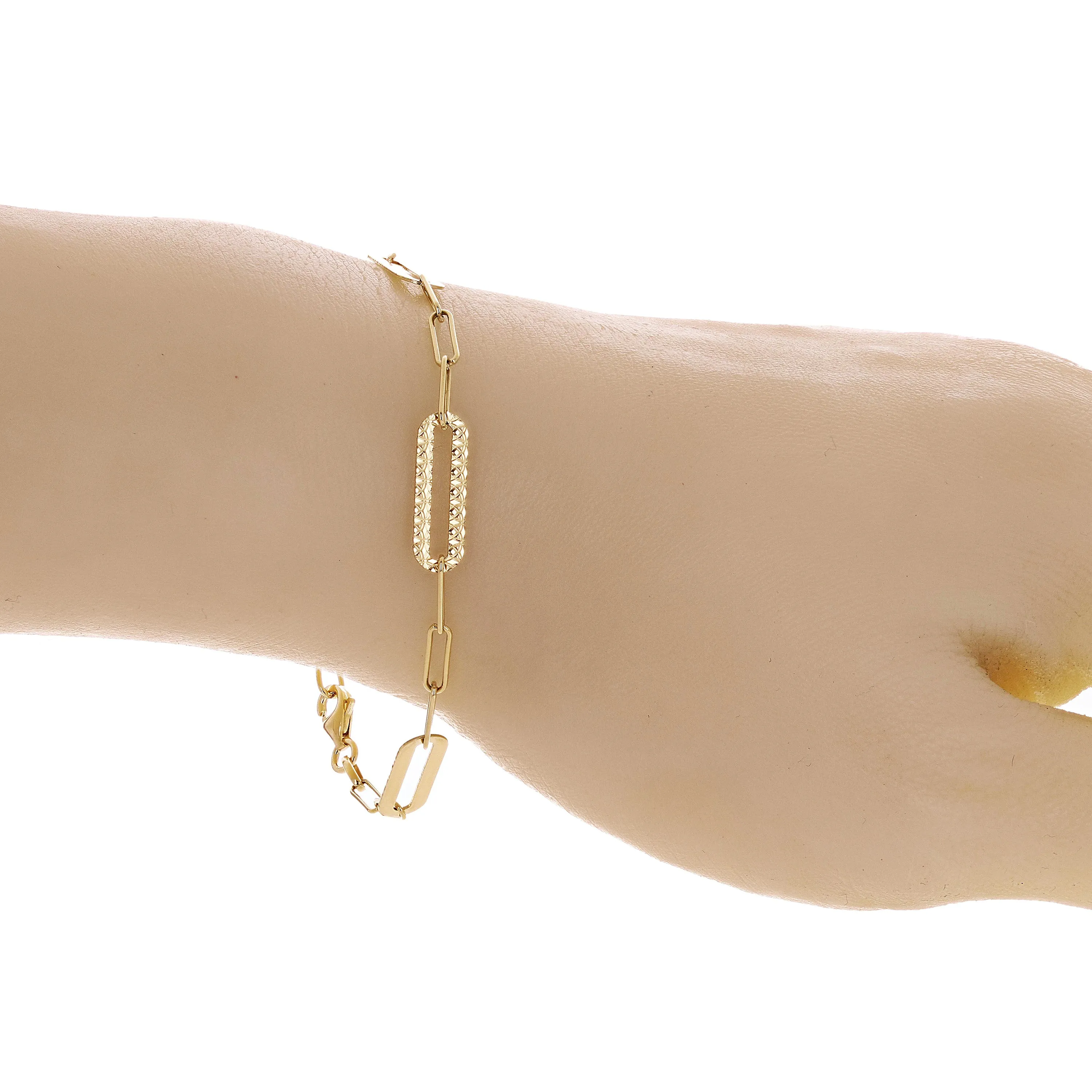 Italian 14k Yellow Gold High Polished & Diamond Cut Paperclip Link Bracelet 7"