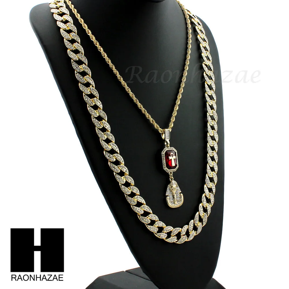 LAB DIAMOND GOLD CUBAN CHAIN RED RUBY KING TUT PHARAOH ANKH NECKLACES