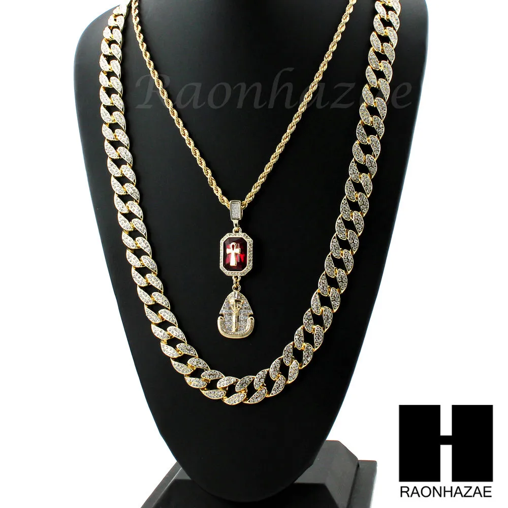 LAB DIAMOND GOLD CUBAN CHAIN RED RUBY KING TUT PHARAOH ANKH NECKLACES