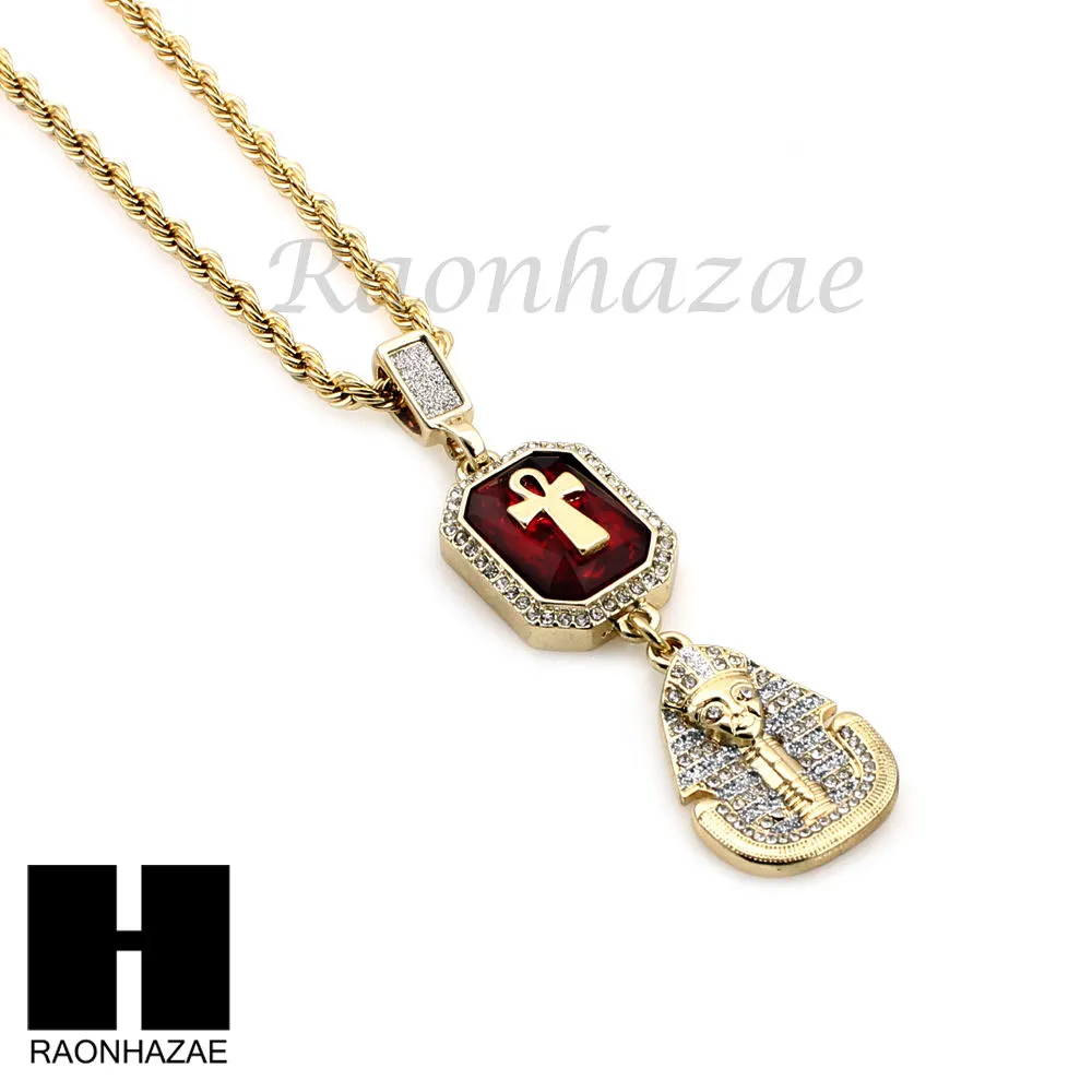 LAB DIAMOND GOLD CUBAN CHAIN RED RUBY KING TUT PHARAOH ANKH NECKLACES