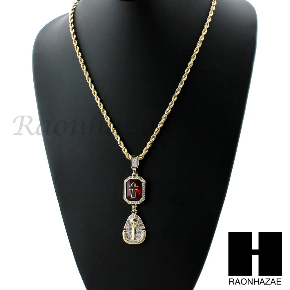 LAB DIAMOND GOLD CUBAN CHAIN RED RUBY KING TUT PHARAOH ANKH NECKLACES
