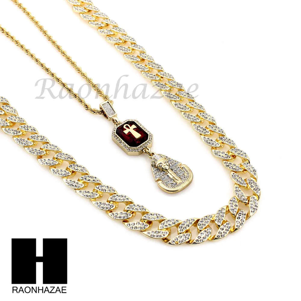 LAB DIAMOND GOLD CUBAN CHAIN RED RUBY KING TUT PHARAOH ANKH NECKLACES
