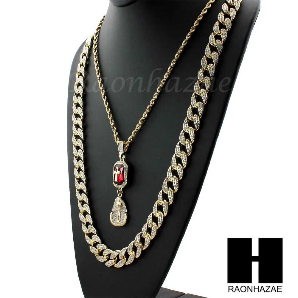 LAB DIAMOND GOLD CUBAN CHAIN RED RUBY KING TUT PHARAOH ANKH NECKLACES