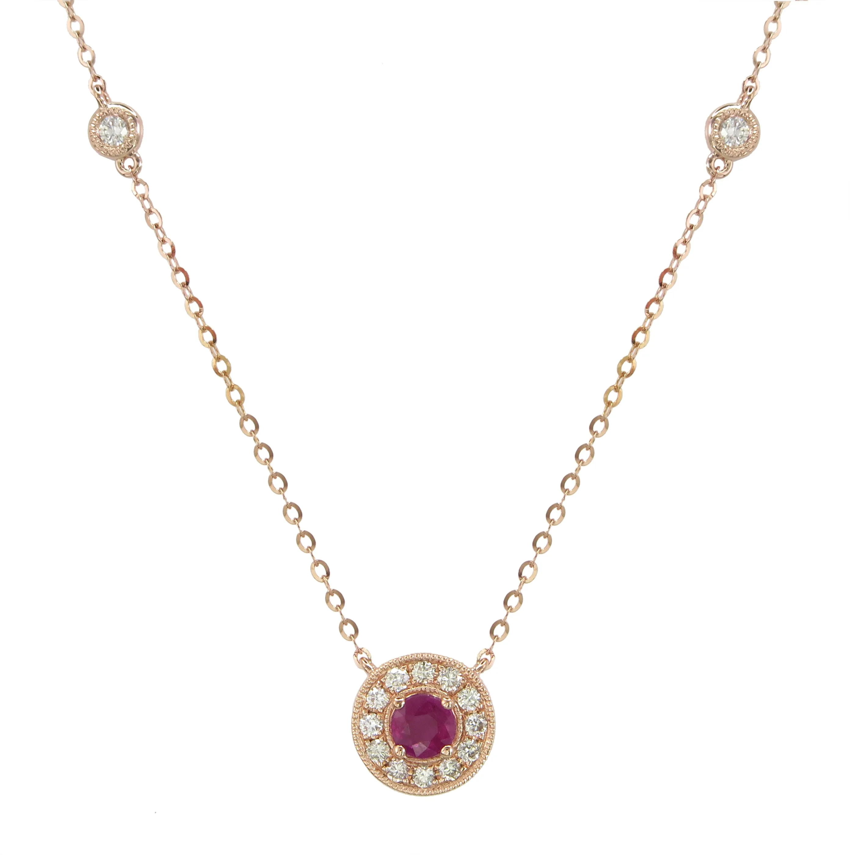 Ladies Diamond & Ruby Pendant Milgrain Detailed Necklace
