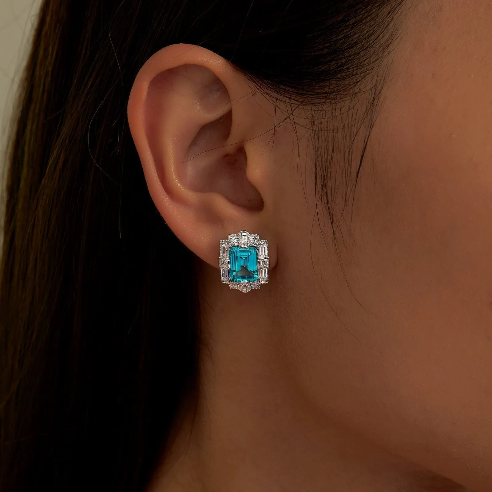 Lafonn Lab-Grown Emerald Cut Teal Sapphire Halo Stud Earrings