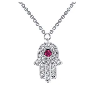 Lafonn Sterling Silver Platinum Plated Simulated Diamonds and Ruby Hamsa Necklace