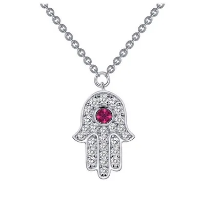 Lafonn Sterling Silver Platinum Plated Simulated Diamonds and Ruby Hamsa Necklace