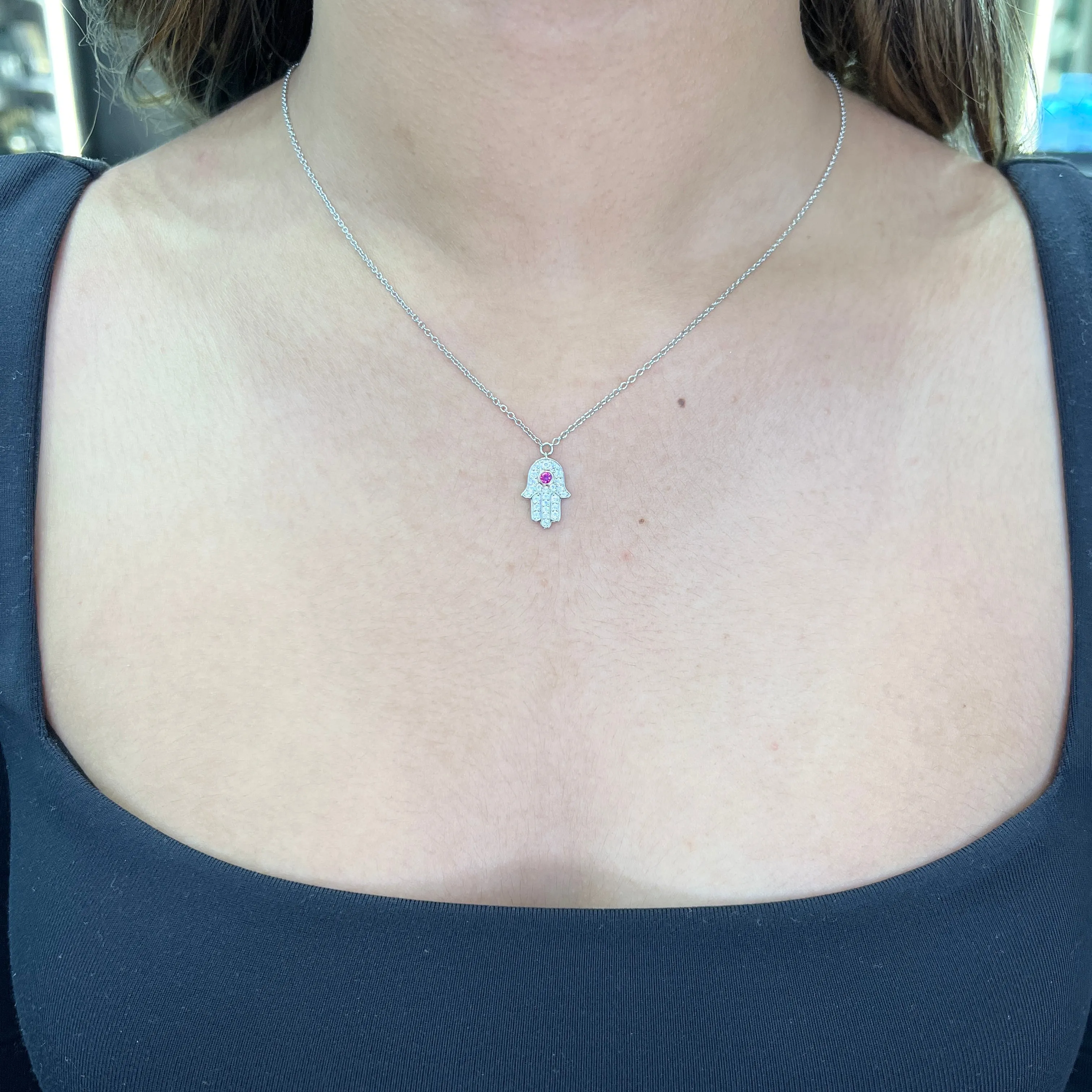 Lafonn Sterling Silver Platinum Plated Simulated Diamonds and Ruby Hamsa Necklace
