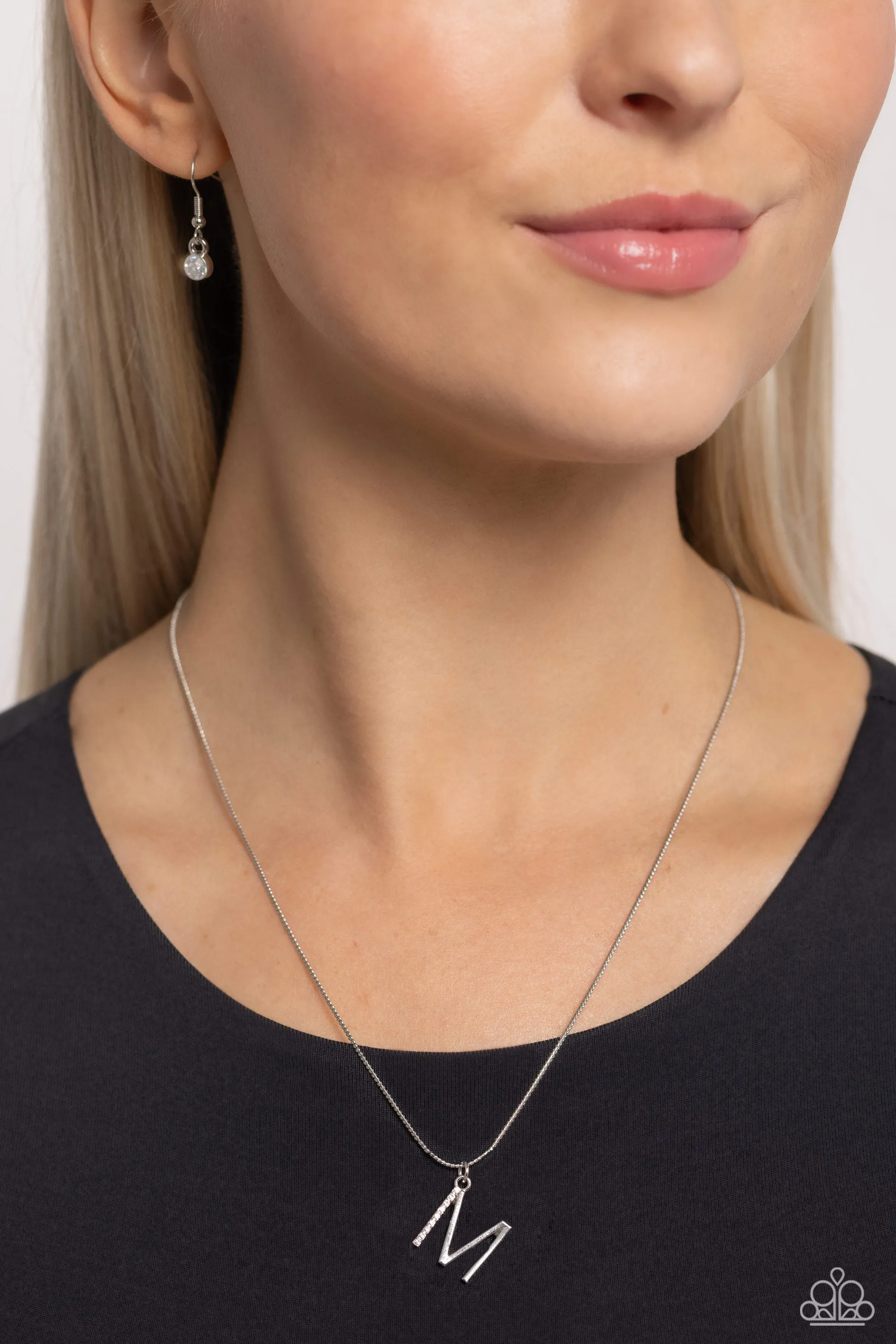 Letter of the Law - M - White Rhinestone Silver Initial Paparazzi Short Necklace