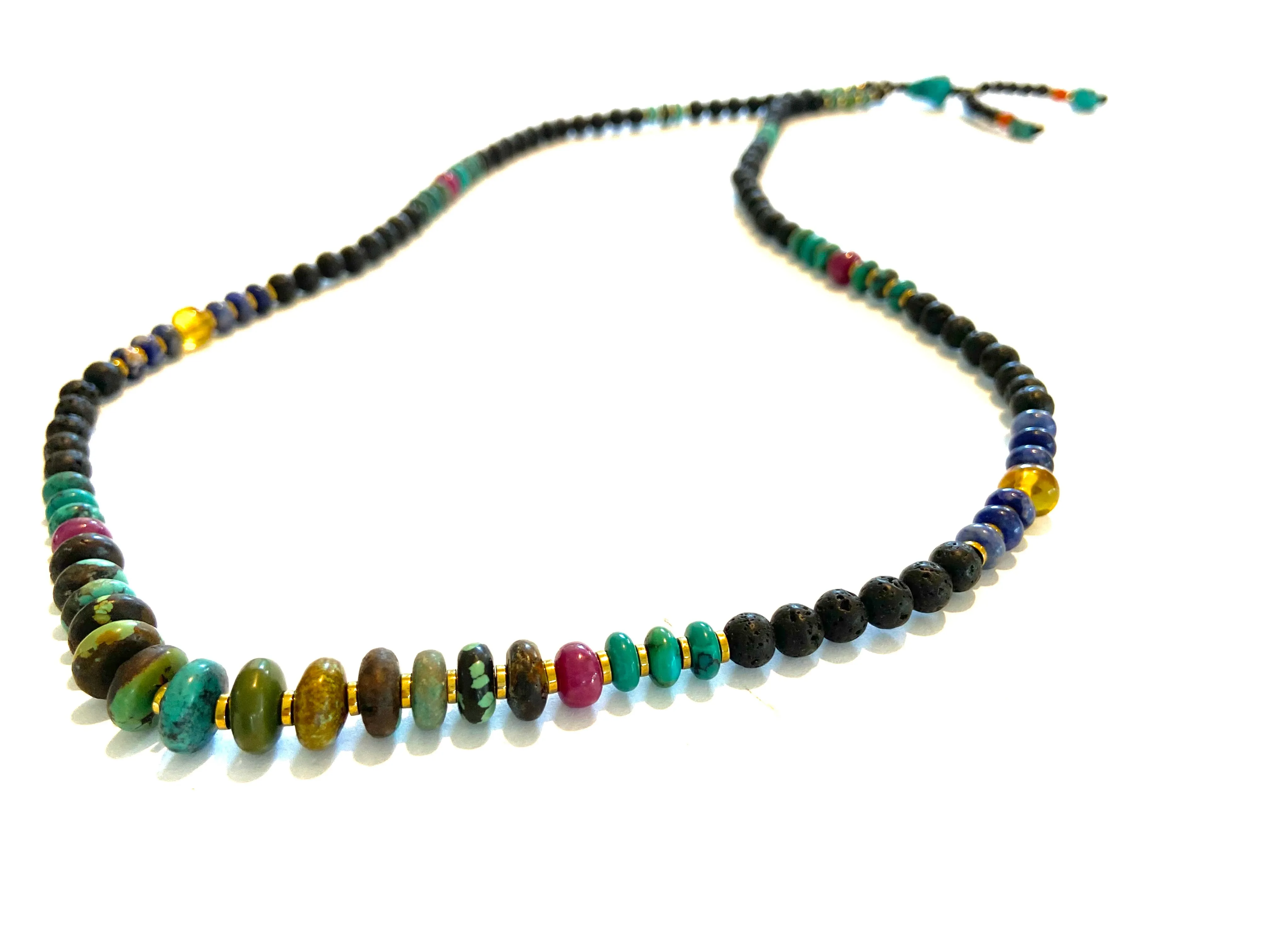 Long Lava Mala necklace with Turquoise center,Ruby and Tassle